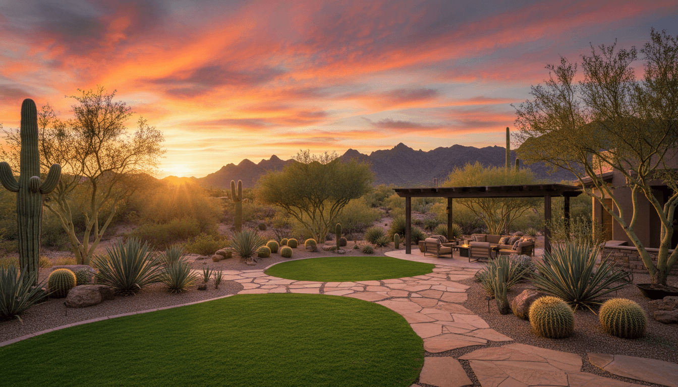 Beautiful Arizona desert landscape with native plants and modern hardscaping at sunset